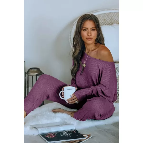 imagePRETTYGARDEN Womens 2 Piece Ribbed Tracksuit Outfits Off Shoulder Long Sleeve Pullover Long Pants with PocketsPurple Red