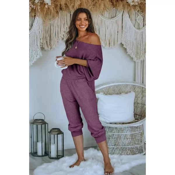 imagePRETTYGARDEN Womens 2 Piece Ribbed Tracksuit Outfits Off Shoulder Long Sleeve Pullover Long Pants with PocketsPurple Red