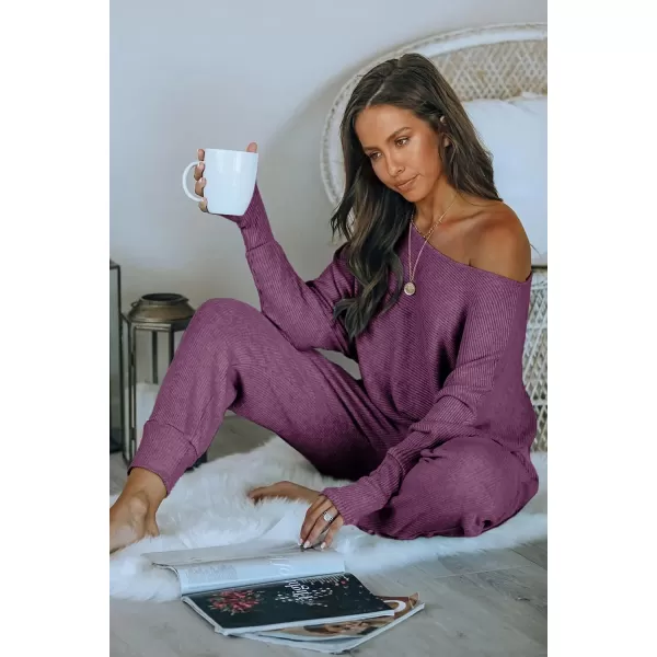 imagePRETTYGARDEN Womens 2 Piece Ribbed Tracksuit Outfits Off Shoulder Long Sleeve Pullover Long Pants with PocketsPurple Red