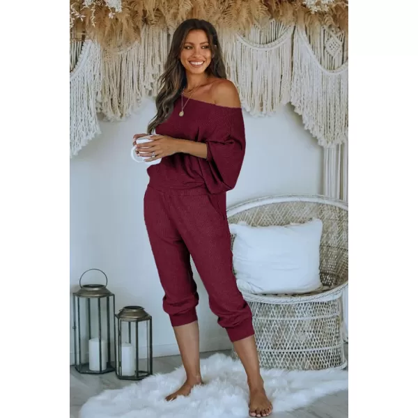 imagePRETTYGARDEN Womens 2 Piece Ribbed Tracksuit Outfits Off Shoulder Long Sleeve Pullover Long Pants with PocketsWine Red