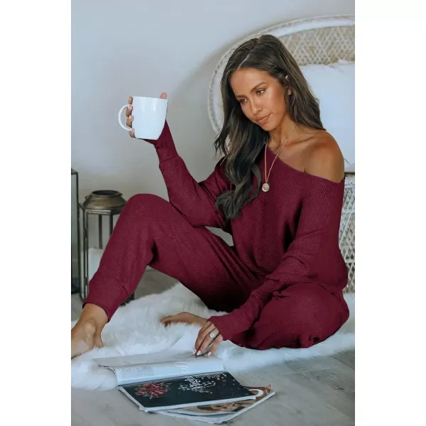 imagePRETTYGARDEN Womens 2 Piece Ribbed Tracksuit Outfits Off Shoulder Long Sleeve Pullover Long Pants with PocketsWine Red