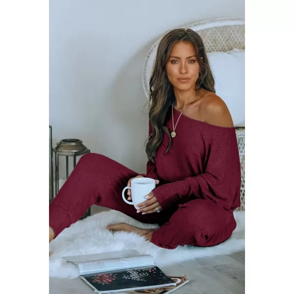 imagePRETTYGARDEN Womens 2 Piece Ribbed Tracksuit Outfits Off Shoulder Long Sleeve Pullover Long Pants with PocketsWine Red