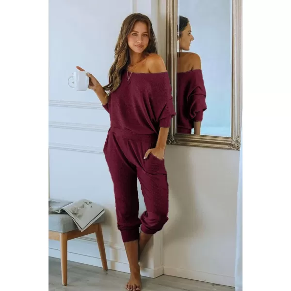 imagePRETTYGARDEN Womens 2 Piece Ribbed Tracksuit Outfits Off Shoulder Long Sleeve Pullover Long Pants with PocketsWine Red