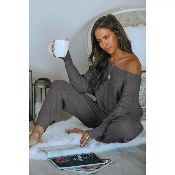 imagePRETTYGARDEN Womens 2 Piece Ribbed Tracksuit Outfits Off Shoulder Long Sleeve Pullover Lounge Pants with PocketsDark Grey