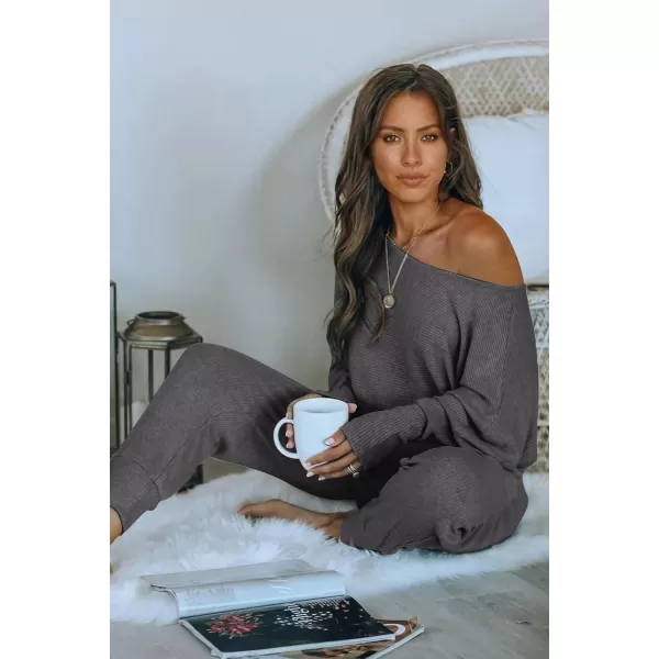imagePRETTYGARDEN Womens 2 Piece Ribbed Tracksuit Outfits Off Shoulder Long Sleeve Pullover Lounge Pants with PocketsDark Grey