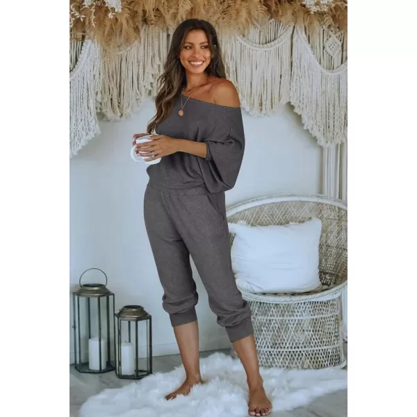 imagePRETTYGARDEN Womens 2 Piece Ribbed Tracksuit Outfits Off Shoulder Long Sleeve Pullover Lounge Pants with PocketsDark Grey