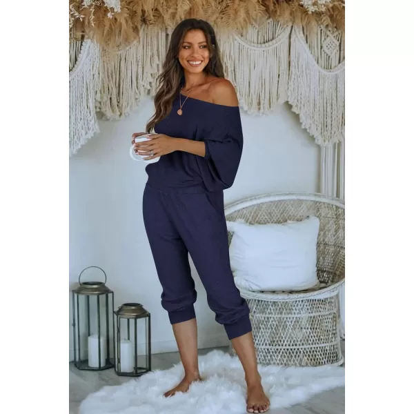 imagePRETTYGARDEN Womens 2 Piece Ribbed Tracksuit Outfits Off Shoulder Long Sleeve Pullover Lounge Pants with PocketsDark Sea Blue