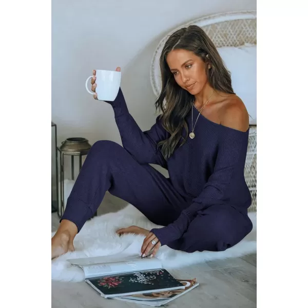 imagePRETTYGARDEN Womens 2 Piece Ribbed Tracksuit Outfits Off Shoulder Long Sleeve Pullover Lounge Pants with PocketsDark Sea Blue