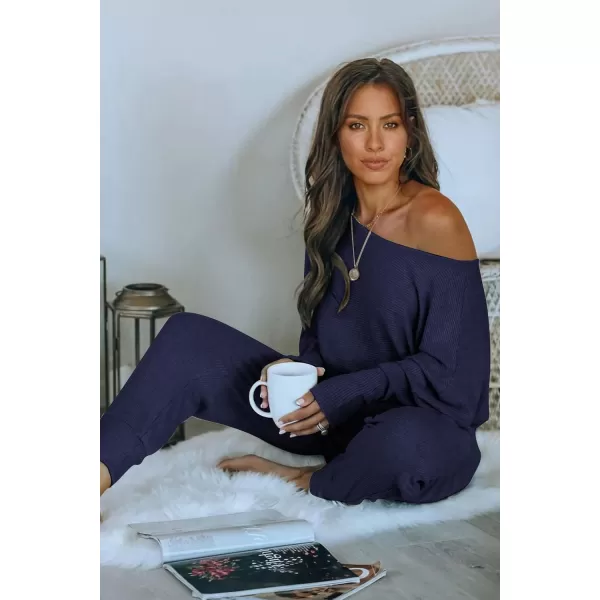 imagePRETTYGARDEN Womens 2 Piece Ribbed Tracksuit Outfits Off Shoulder Long Sleeve Pullover Lounge Pants with PocketsDark Sea Blue