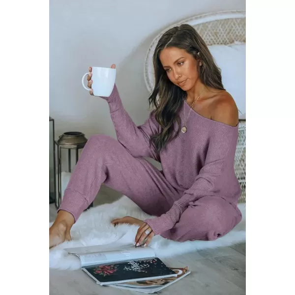 imagePRETTYGARDEN Womens 2 Piece Ribbed Tracksuit Outfits Off Shoulder Long Sleeve Pullover Lounge Pants with PocketsDeep Purple