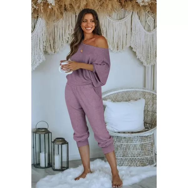 imagePRETTYGARDEN Womens 2 Piece Ribbed Tracksuit Outfits Off Shoulder Long Sleeve Pullover Lounge Pants with PocketsDeep Purple