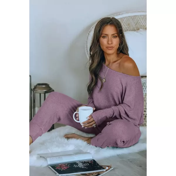 imagePRETTYGARDEN Womens 2 Piece Ribbed Tracksuit Outfits Off Shoulder Long Sleeve Pullover Lounge Pants with PocketsDeep Purple
