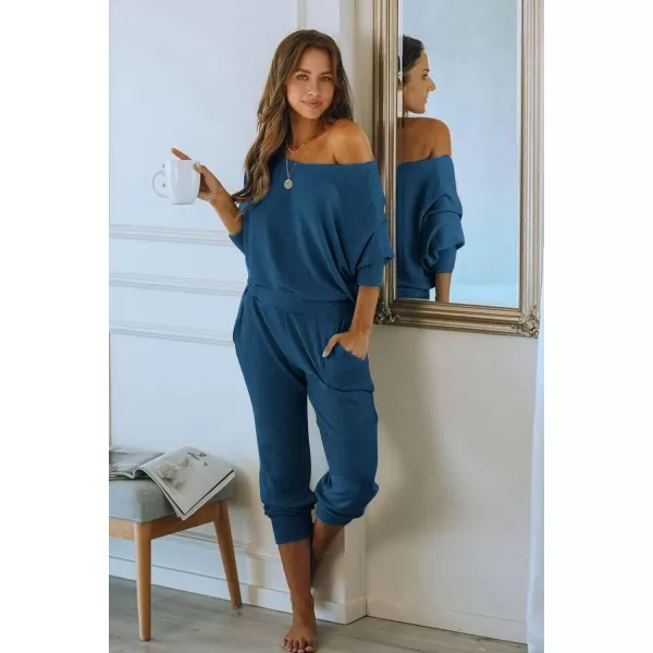 imagePRETTYGARDEN Womens 2 Piece Ribbed Tracksuit Outfits Off Shoulder Long Sleeve Pullover Lounge Pants with PocketsLake Blue