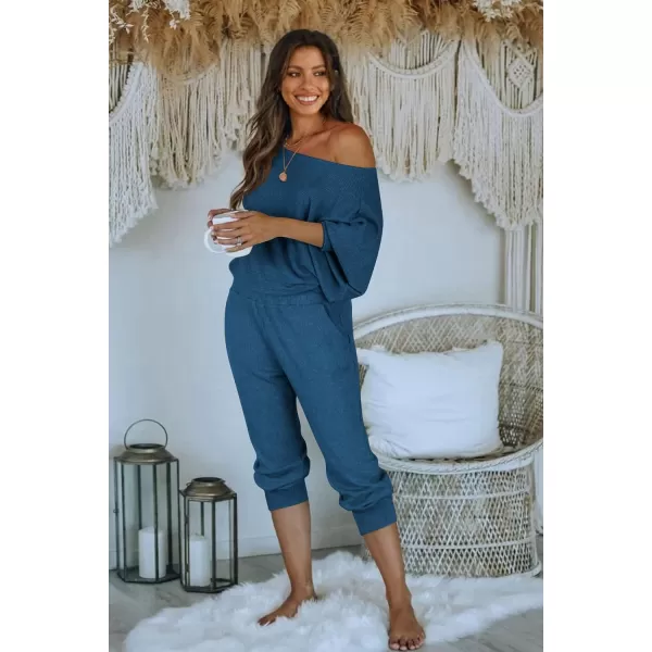 imagePRETTYGARDEN Womens 2 Piece Ribbed Tracksuit Outfits Off Shoulder Long Sleeve Pullover Lounge Pants with PocketsLake Blue