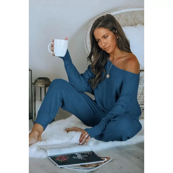 imagePRETTYGARDEN Womens 2 Piece Ribbed Tracksuit Outfits Off Shoulder Long Sleeve Pullover Lounge Pants with PocketsLake Blue