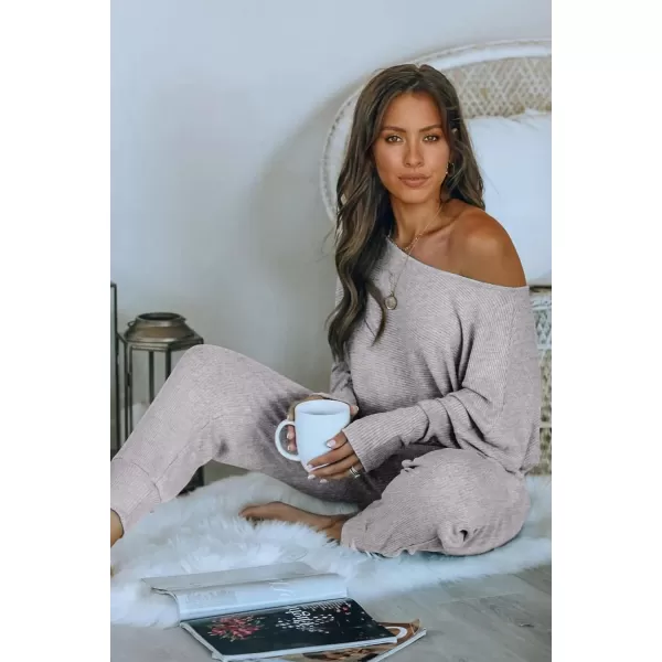 imagePRETTYGARDEN Womens 2 Piece Ribbed Tracksuit Outfits Off Shoulder Long Sleeve Pullover Lounge Pants with PocketsLight Grey