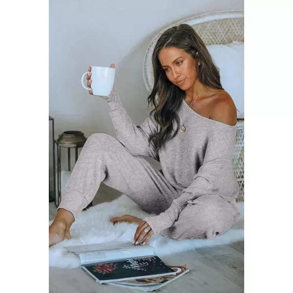imagePRETTYGARDEN Womens 2 Piece Ribbed Tracksuit Outfits Off Shoulder Long Sleeve Pullover Lounge Pants with PocketsLight Grey