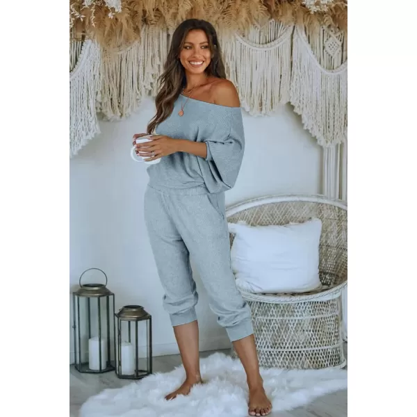 imagePRETTYGARDEN Womens 2 Piece Ribbed Tracksuit Outfits Off Shoulder Long Sleeve Pullover Lounge Pants with PocketsLight Grey Blue