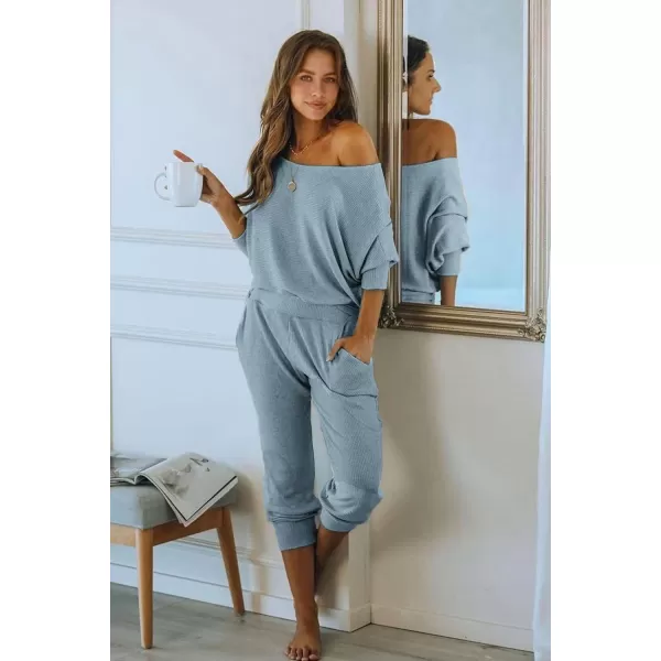 imagePRETTYGARDEN Womens 2 Piece Ribbed Tracksuit Outfits Off Shoulder Long Sleeve Pullover Lounge Pants with PocketsLight Grey Blue