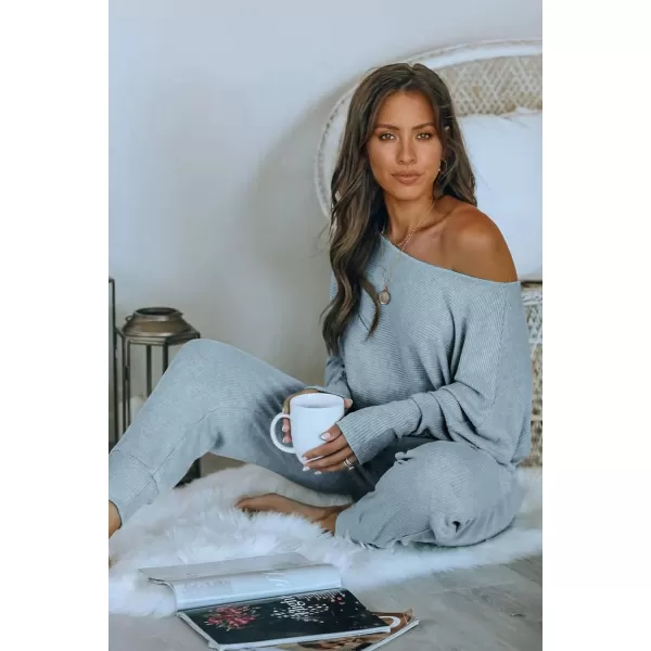 imagePRETTYGARDEN Womens 2 Piece Ribbed Tracksuit Outfits Off Shoulder Long Sleeve Pullover Lounge Pants with PocketsLight Grey Blue