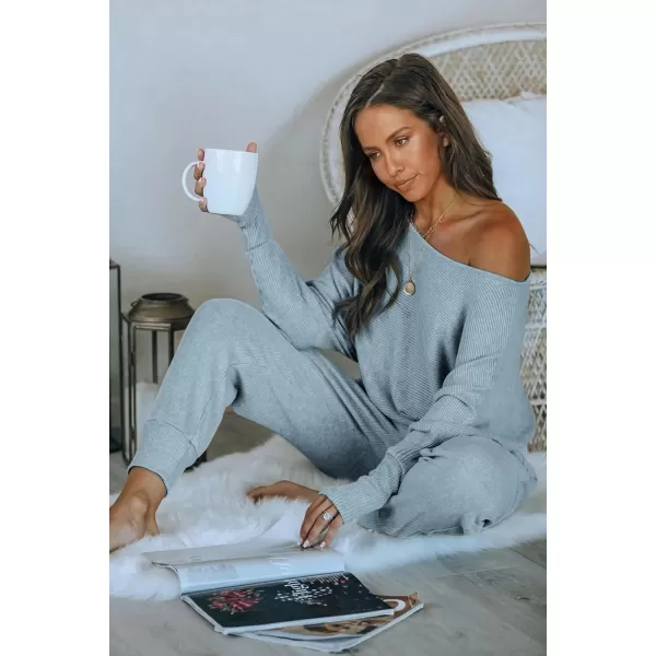imagePRETTYGARDEN Womens 2 Piece Ribbed Tracksuit Outfits Off Shoulder Long Sleeve Pullover Lounge Pants with PocketsLight Grey Blue