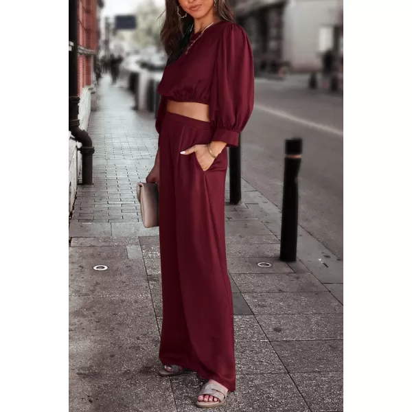 imagePRETTYGARDEN Womens 2 Piece Satin Outfits Casual Puff Sleeve Crop Tops and Long Palazzo PantsWine Red