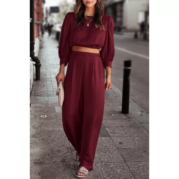 imagePRETTYGARDEN Womens 2 Piece Satin Outfits Casual Puff Sleeve Crop Tops and Long Palazzo PantsWine Red