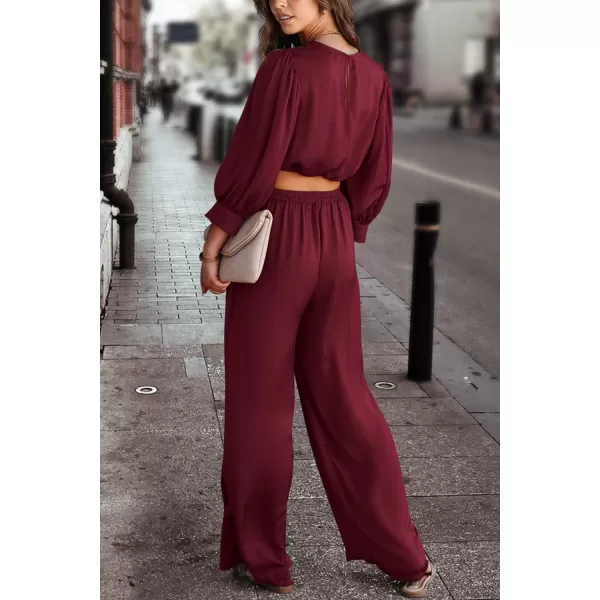 imagePRETTYGARDEN Womens 2 Piece Satin Outfits Casual Puff Sleeve Crop Tops and Long Palazzo PantsWine Red