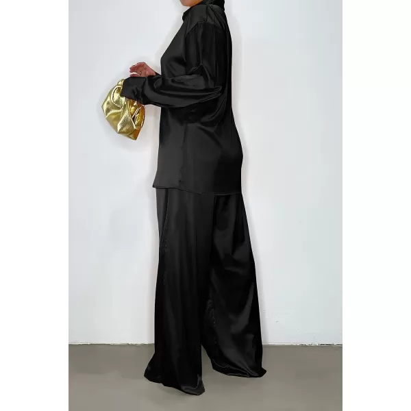 imagePRETTYGARDEN Womens 2 Piece Satin Outfits Long Sleeve Button Down Tops Wide Leg Pants Silk Loungewear Pajama SetsBlack