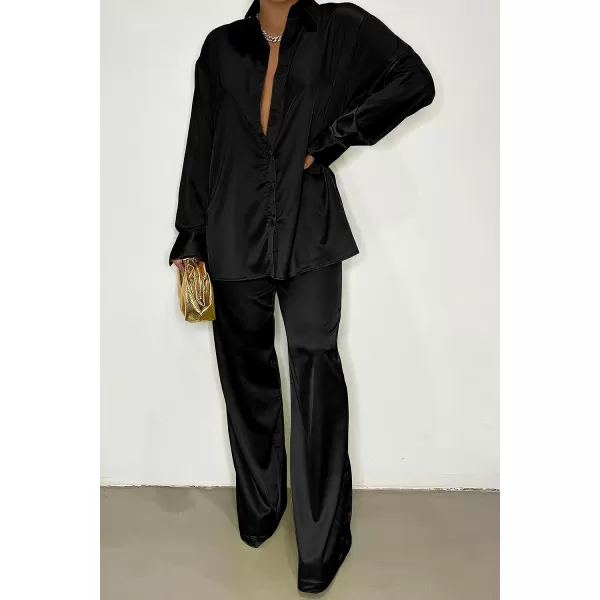 imagePRETTYGARDEN Womens 2 Piece Satin Outfits Long Sleeve Button Down Tops Wide Leg Pants Silk Loungewear Pajama SetsBlack