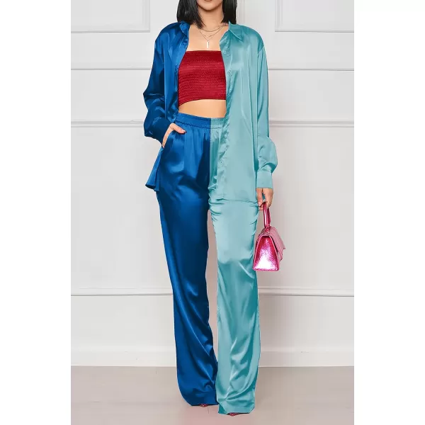 imagePRETTYGARDEN Womens 2 Piece Satin Outfits Long Sleeve Button Down Tops Wide Leg Pants Silk Loungewear Pajama SetsBluesky Blue