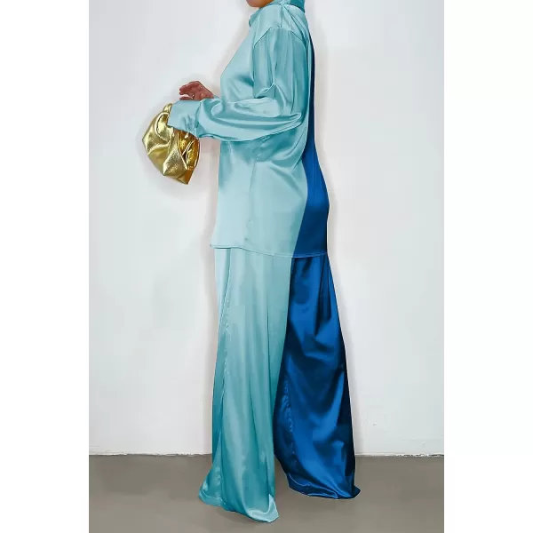 imagePRETTYGARDEN Womens 2 Piece Satin Outfits Long Sleeve Button Down Tops Wide Leg Pants Silk Loungewear Pajama SetsBluesky Blue