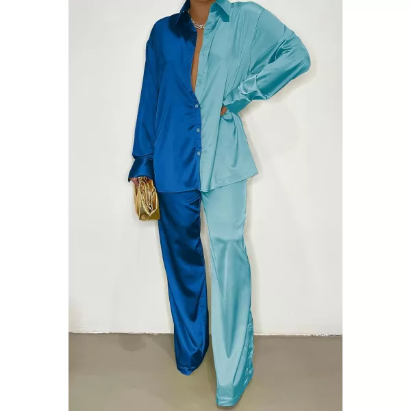 imagePRETTYGARDEN Womens 2 Piece Satin Outfits Long Sleeve Button Down Tops Wide Leg Pants Silk Loungewear Pajama SetsBluesky Blue