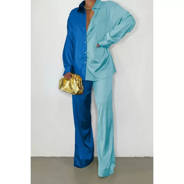 imagePRETTYGARDEN Womens 2 Piece Satin Outfits Long Sleeve Button Down Tops Wide Leg Pants Silk Loungewear Pajama SetsBluesky Blue