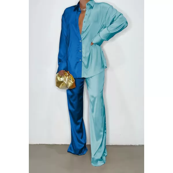 imagePRETTYGARDEN Womens 2 Piece Satin Outfits Long Sleeve Button Down Tops Wide Leg Pants Silk Loungewear Pajama SetsBluesky Blue