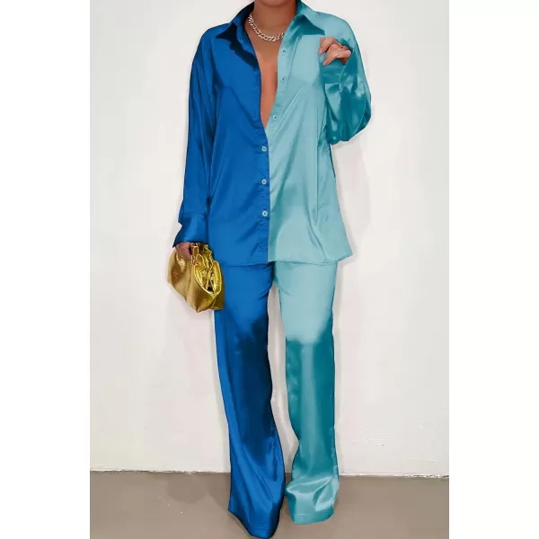 imagePRETTYGARDEN Womens 2 Piece Satin Outfits Long Sleeve Button Down Tops Wide Leg Pants Silk Loungewear Pajama SetsBluesky Blue