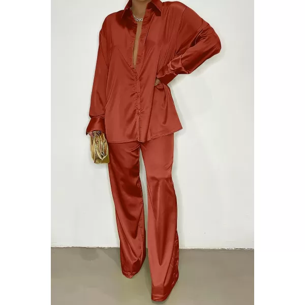 imagePRETTYGARDEN Womens 2 Piece Satin Outfits Long Sleeve Button Down Tops Wide Leg Pants Silk Loungewear Pajama SetsBrown Red