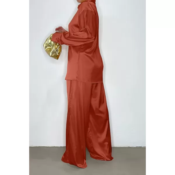 imagePRETTYGARDEN Womens 2 Piece Satin Outfits Long Sleeve Button Down Tops Wide Leg Pants Silk Loungewear Pajama SetsBrown Red