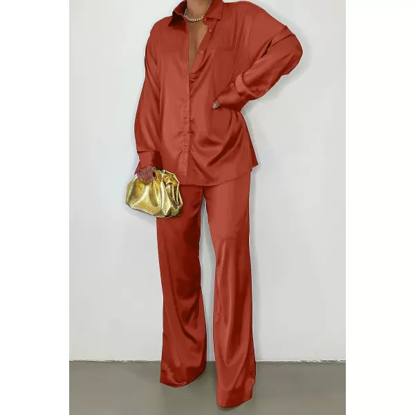 imagePRETTYGARDEN Womens 2 Piece Satin Outfits Long Sleeve Button Down Tops Wide Leg Pants Silk Loungewear Pajama SetsBrown Red