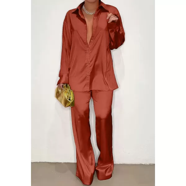 imagePRETTYGARDEN Womens 2 Piece Satin Outfits Long Sleeve Button Down Tops Wide Leg Pants Silk Loungewear Pajama SetsBrown Red