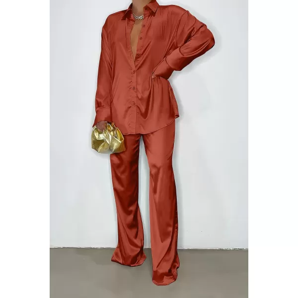 imagePRETTYGARDEN Womens 2 Piece Satin Outfits Long Sleeve Button Down Tops Wide Leg Pants Silk Loungewear Pajama SetsBrown Red