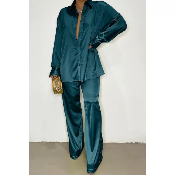 imagePRETTYGARDEN Womens 2 Piece Satin Outfits Long Sleeve Button Down Tops Wide Leg Pants Silk Loungewear Pajama SetsDark Green