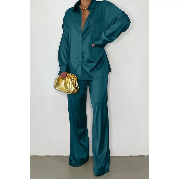 imagePRETTYGARDEN Womens 2 Piece Satin Outfits Long Sleeve Button Down Tops Wide Leg Pants Silk Loungewear Pajama SetsDark Green