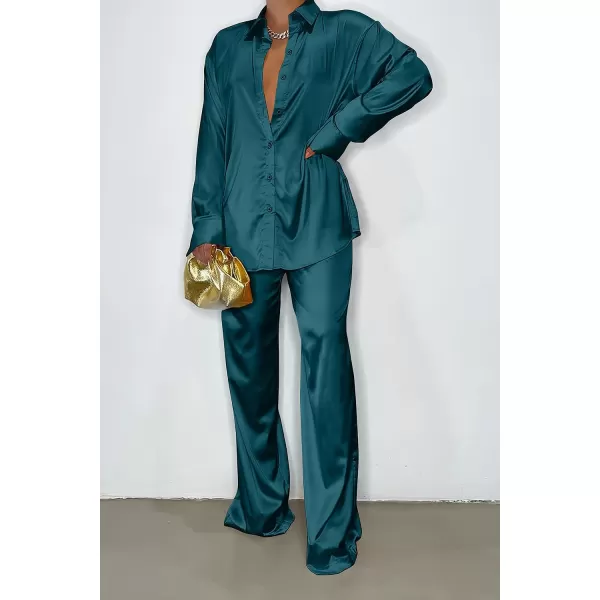 imagePRETTYGARDEN Womens 2 Piece Satin Outfits Long Sleeve Button Down Tops Wide Leg Pants Silk Loungewear Pajama SetsDark Green
