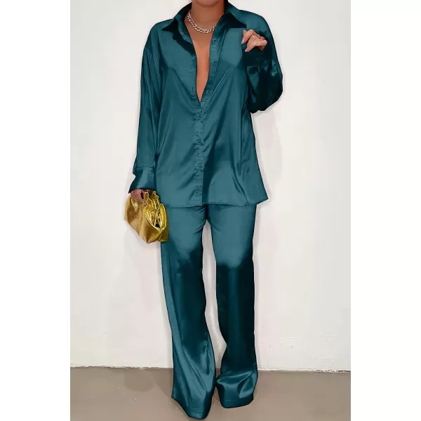 imagePRETTYGARDEN Womens 2 Piece Satin Outfits Long Sleeve Button Down Tops Wide Leg Pants Silk Loungewear Pajama SetsDark Green