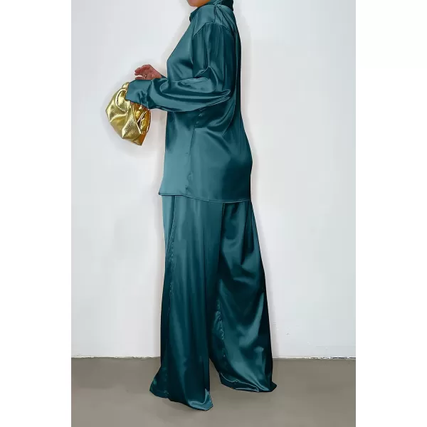imagePRETTYGARDEN Womens 2 Piece Satin Outfits Long Sleeve Button Down Tops Wide Leg Pants Silk Loungewear Pajama SetsDark Green