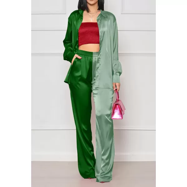imagePRETTYGARDEN Womens 2 Piece Satin Outfits Long Sleeve Button Down Tops Wide Leg Pants Silk Loungewear Pajama SetsGrass Greenlight Green