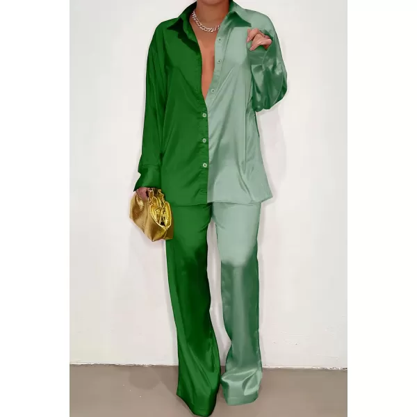 imagePRETTYGARDEN Womens 2 Piece Satin Outfits Long Sleeve Button Down Tops Wide Leg Pants Silk Loungewear Pajama SetsGrass Greenlight Green