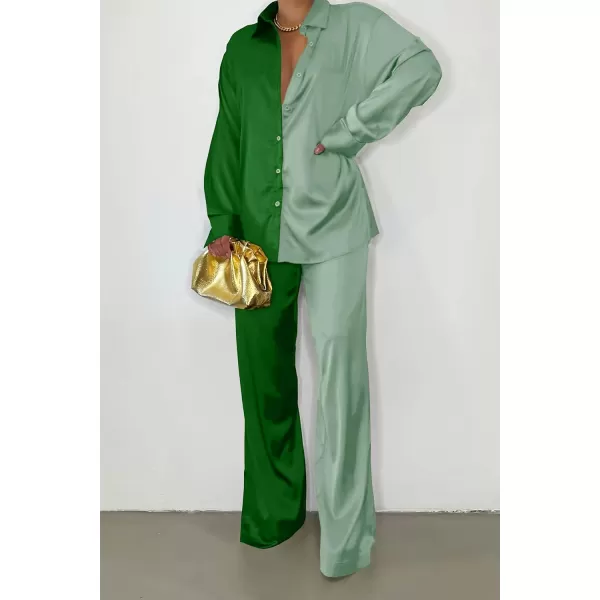 imagePRETTYGARDEN Womens 2 Piece Satin Outfits Long Sleeve Button Down Tops Wide Leg Pants Silk Loungewear Pajama SetsGrass Greenlight Green