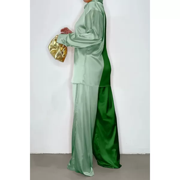 imagePRETTYGARDEN Womens 2 Piece Satin Outfits Long Sleeve Button Down Tops Wide Leg Pants Silk Loungewear Pajama SetsGrass Greenlight Green